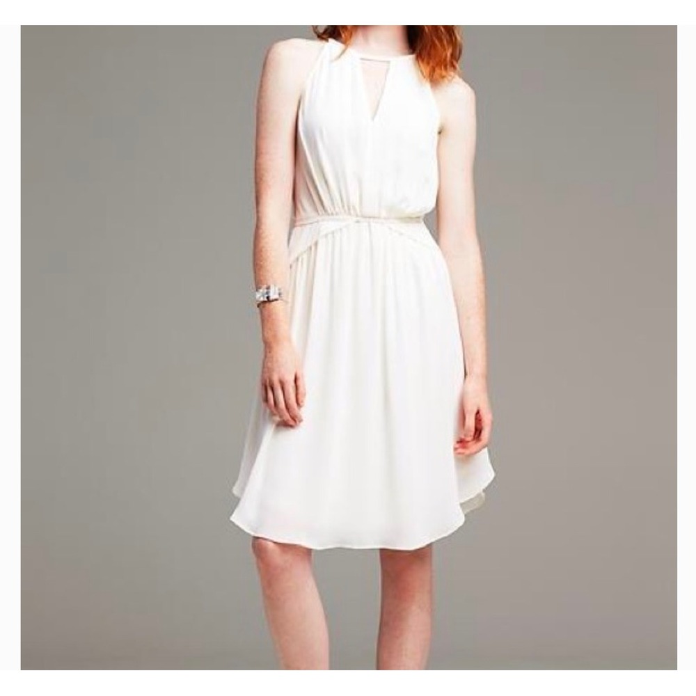 Banana Republic High Neck Sleeveless Flowy Chiffon Dress 8‎ Ivory Womens A-Line
